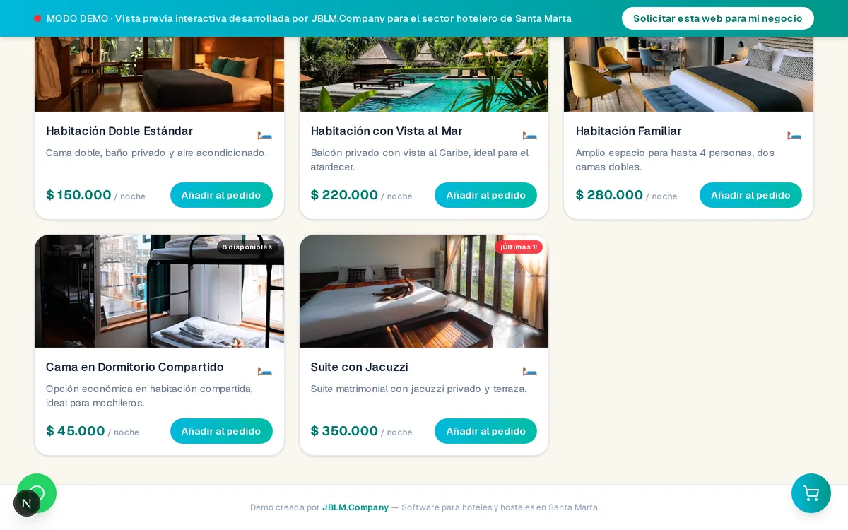 Catálogo de habitaciones del Hostal Casa Mar Azul, cada una con foto, precio por noche y disponibilidad
